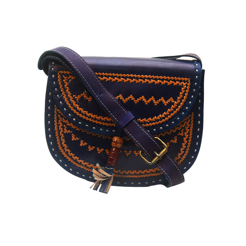 Blue Over-the-Shoulder Goats Leather Bag with flexible belt