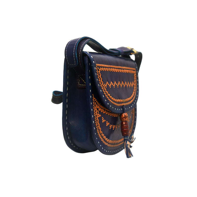 Blue Over-the-Shoulder Goats Leather Bag with flexible belt