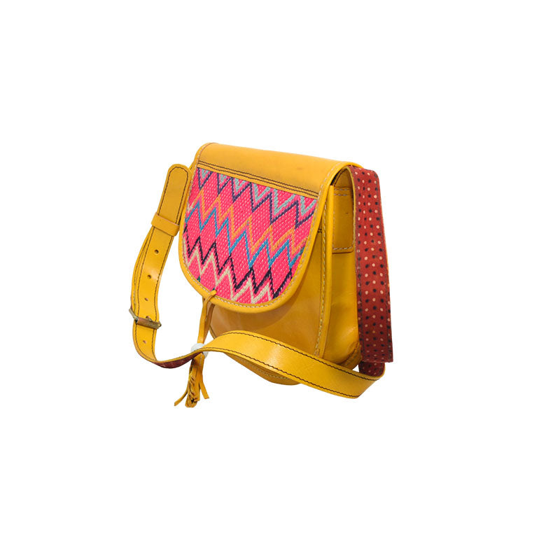 Over-shoulder Yellow Leather bag with Mushru Silk Lining
