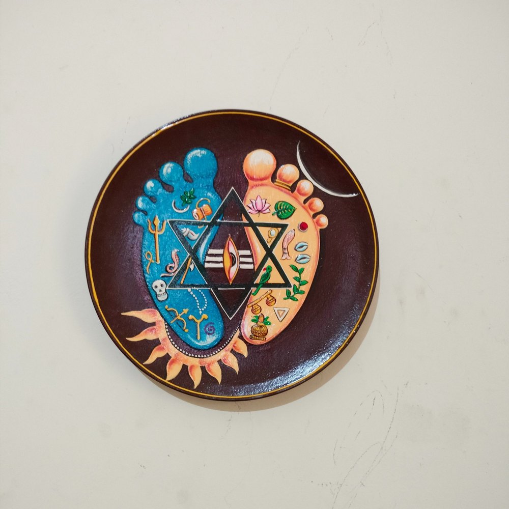 Hand Painted Wooden Plate - 12 Inches with foot of Male and Female Design