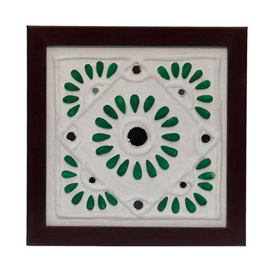 Lippan Art Wall Frame with Mud in Green and white Design with Glass Chips