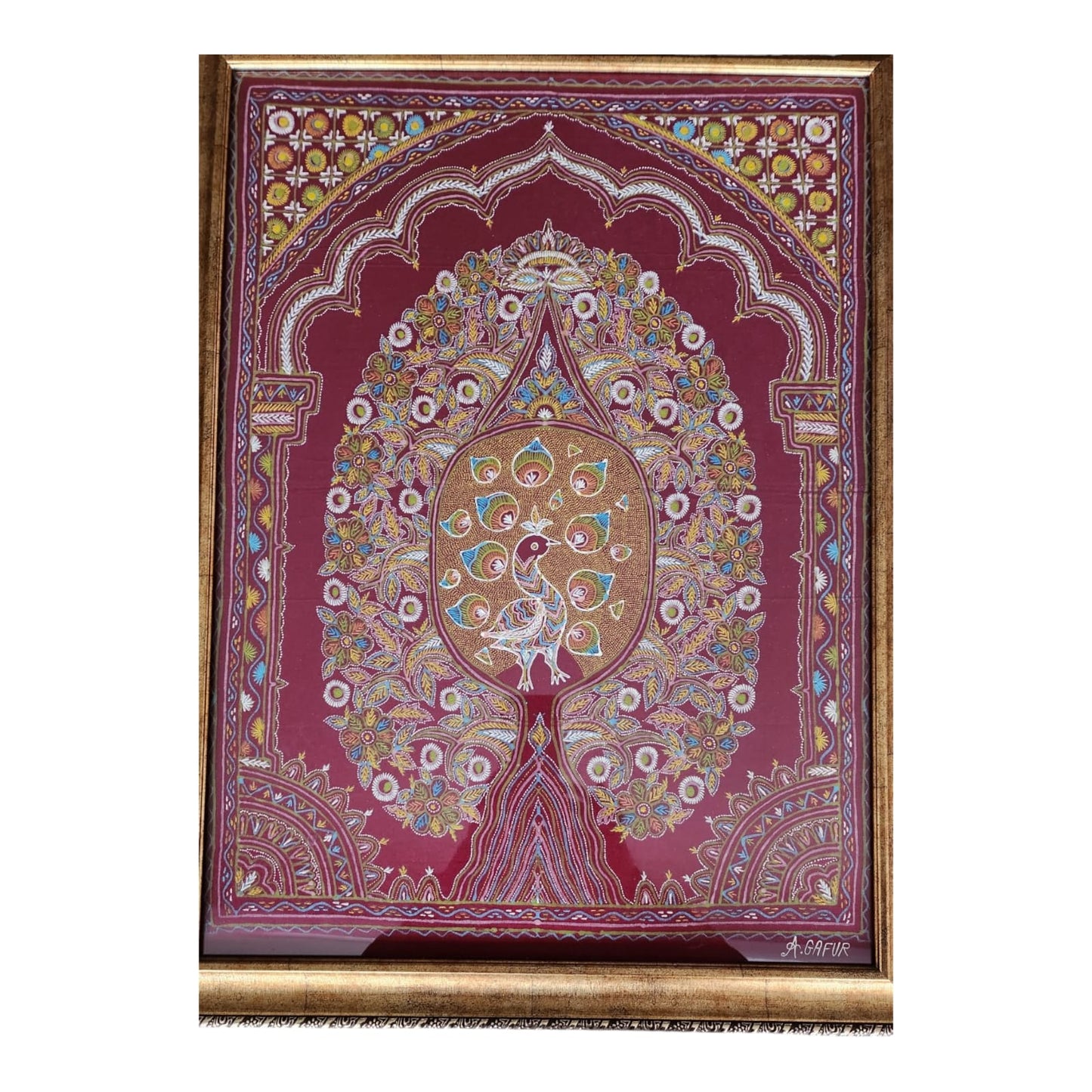 Handmade Rogan Art illustrating peacock made by: Abdul Gafur