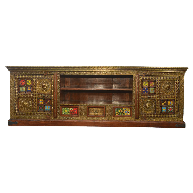 Vintage Wooden TV Cupboard with Hand-Painted Brass Work