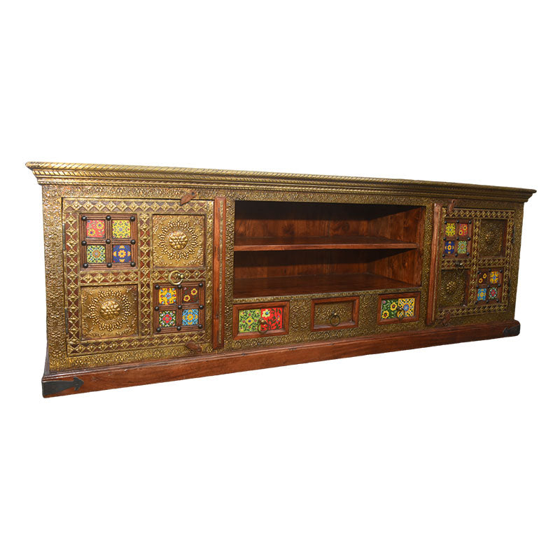 Vintage Wooden TV Cupboard with Hand-Painted Brass Work