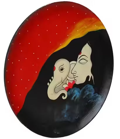 Hand Painted Wooden Wall Plate of Baby Lord Ganesha with his Mother