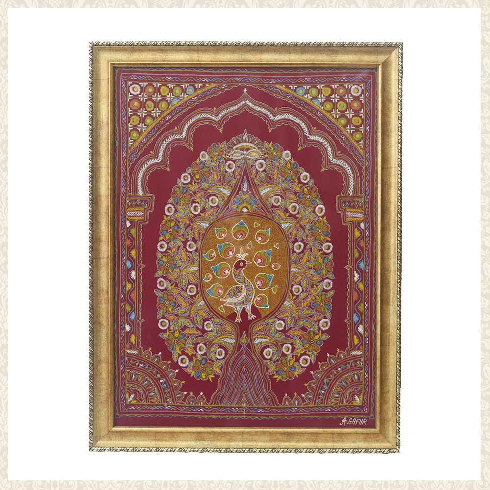 Handmade Rogan Art illustrating peacock made by: Abdul Gafur