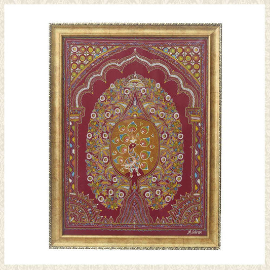 Handmade Rogan Art illustrating peacock made by: Abdul Gafur