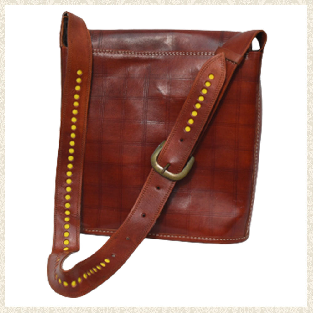 Handmade Brown and Blue Leather Bag with Spiral Design | Chamak Craft and Art