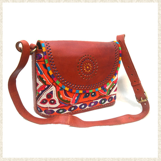 Handcrafted Leather and Abla Over the Shoulder Bag | Chamak Craft and Art