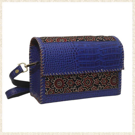 Make a Statement with Our Leather Box Bag Over the Shoulder in Mashru Silk and Crocodile Design - Eco-Friendly and Stylish"