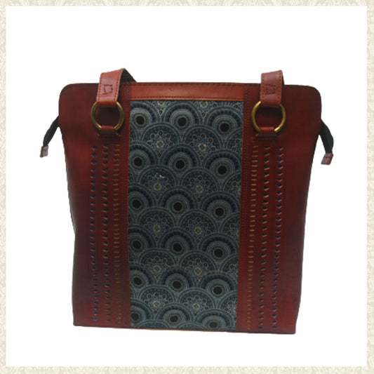 Handmade Brown Leather Shoulder Bag with Mashru Silk Design