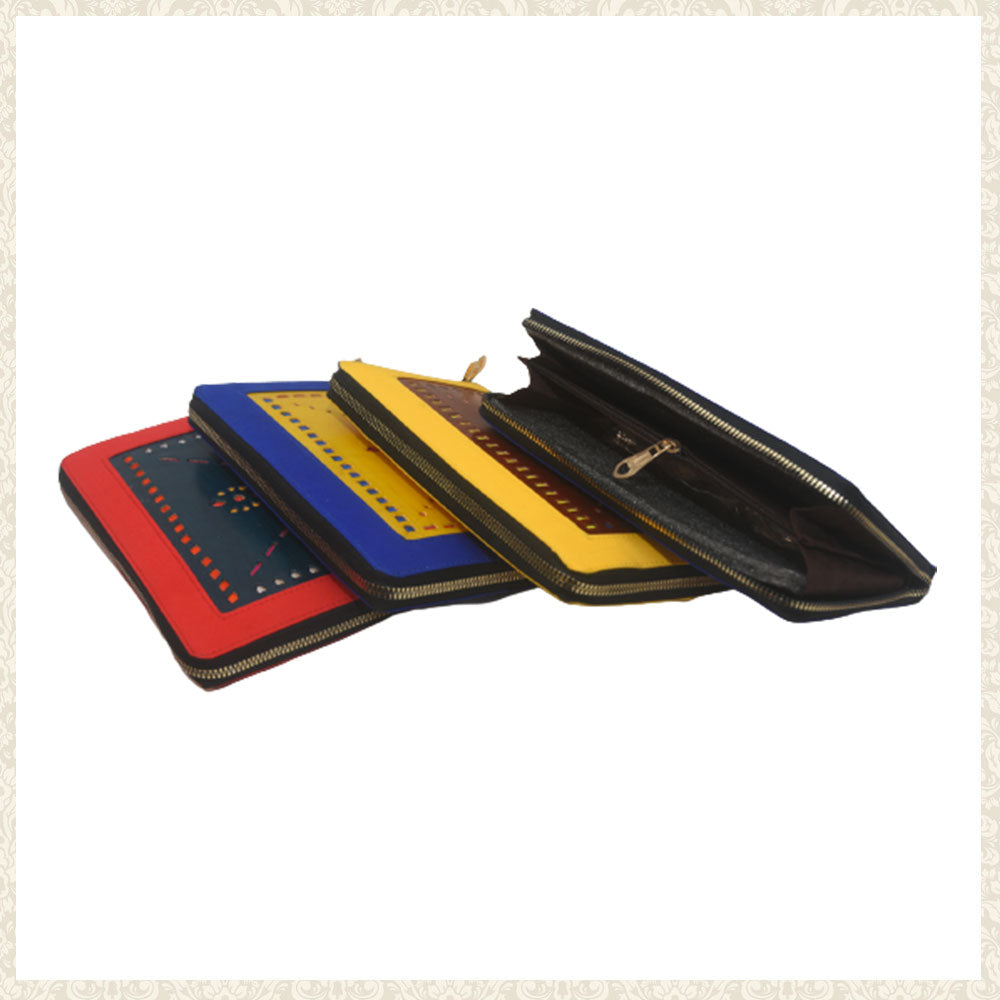 Blue and Pink Leather Wallet with Zipper with Carvings