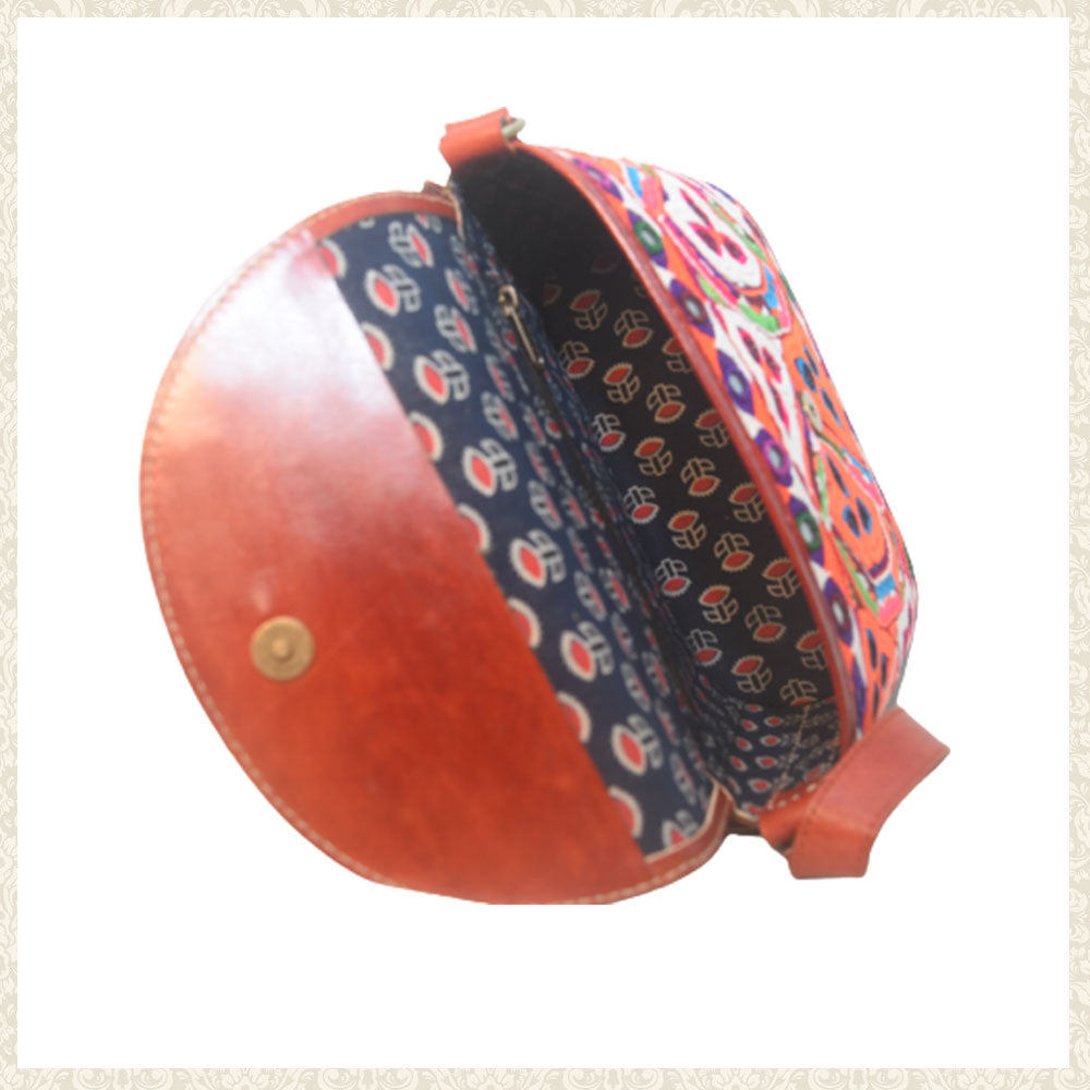 Handcrafted Leather and Abla Over the Shoulder Bag | Chamak Craft and Art
