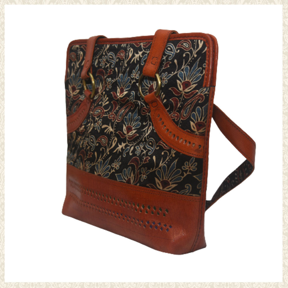 Hand-Stitched Brown Leather Bag with Mashru Silk Design | Chamak Craft and Art