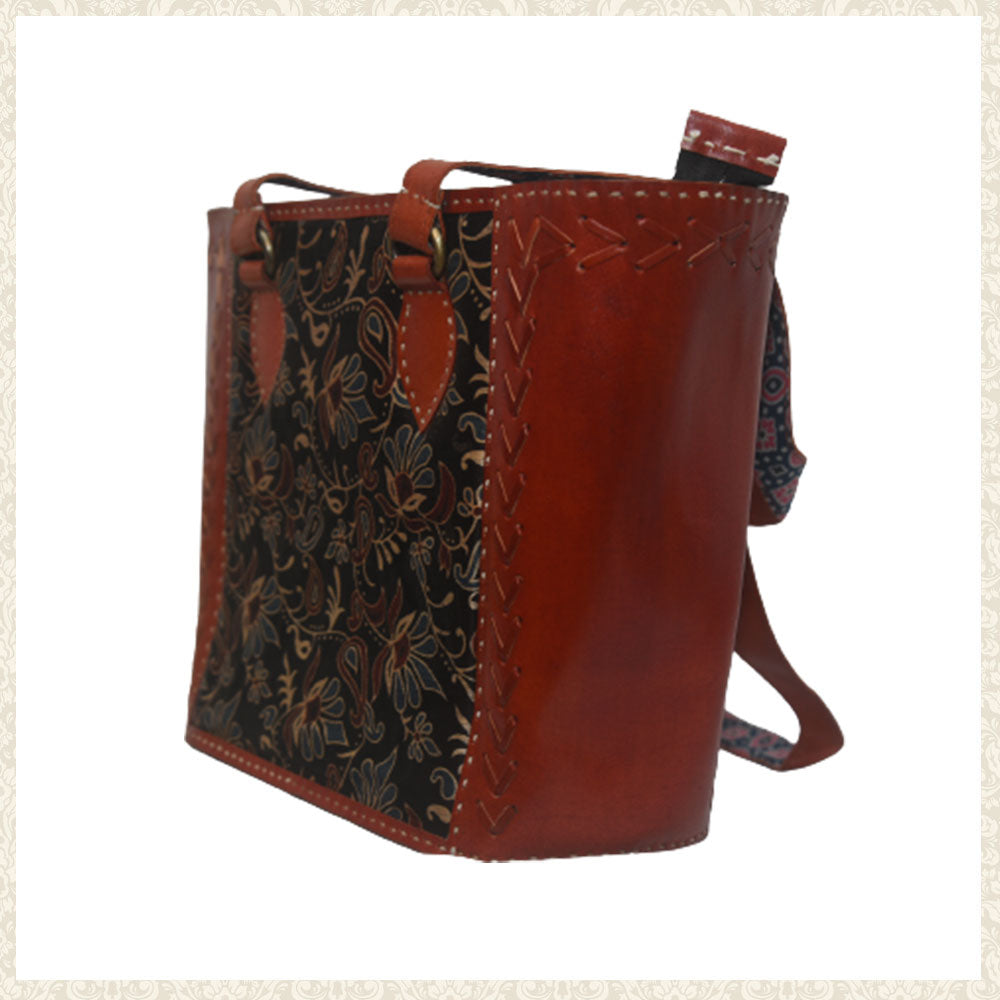 Hand-Stitched Brown Leather Bag with Mashru Silk Design | Chamak Craft and Art