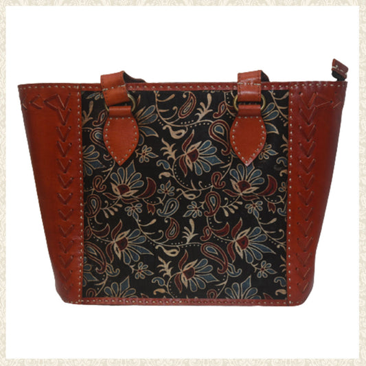 Hand-Stitched Brown Leather Bag with Mashru Silk Design | Chamak Craft and Art