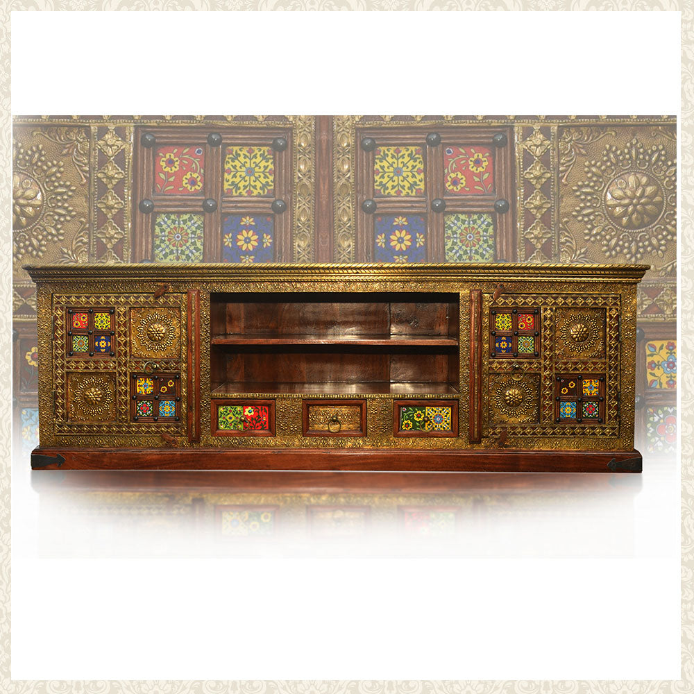 Vintage Wooden TV Cupboard with Hand-Painted Brass Work