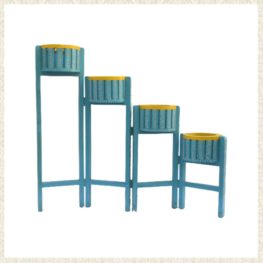 Mango Wood Planter - Blue and Yellow