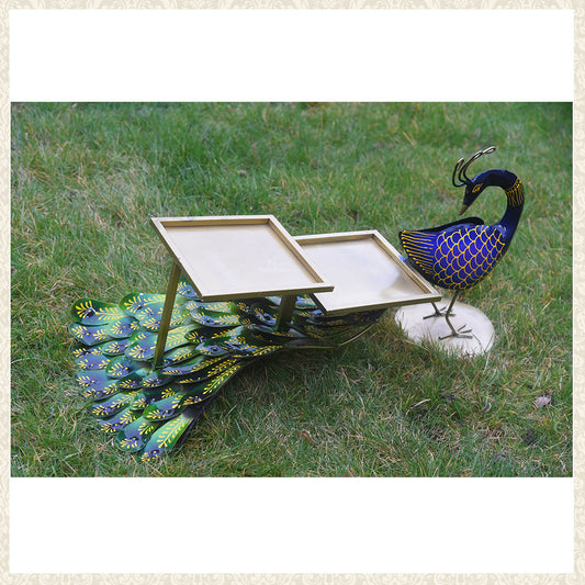 Metal Peacock with 2 Hand-Painted Trays