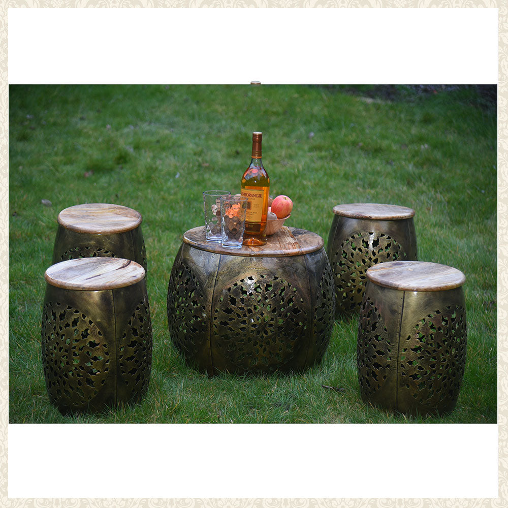 Muda Table and 4 Stools with Brass Bottom and Wood Top