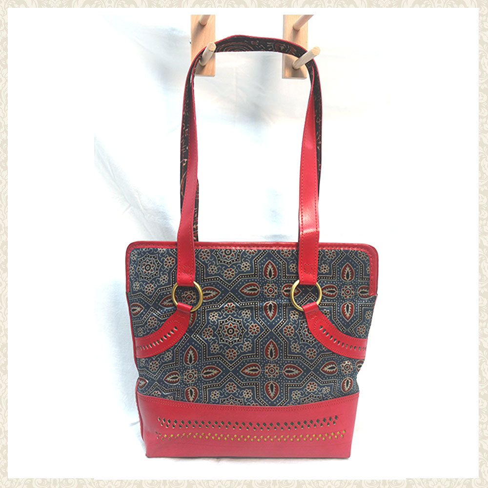 Handmade Red Over the Shoulder Bag with Mashru Silk and Leather - Chamak Craft and Art