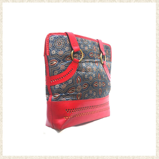 Handmade Red Over the Shoulder Bag with Mashru Silk and Leather - Chamak Craft and Art