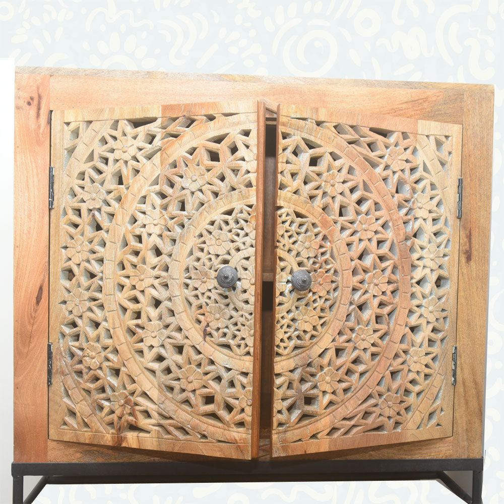 Upcycled Wooden Cupboard with Intricate Hand Carved Doors