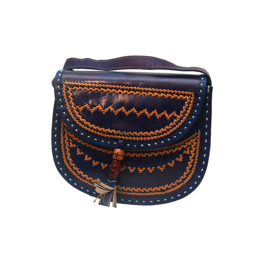 Handmade Blue Over-the-Shoulder Goats Leather Bag with flexible belt