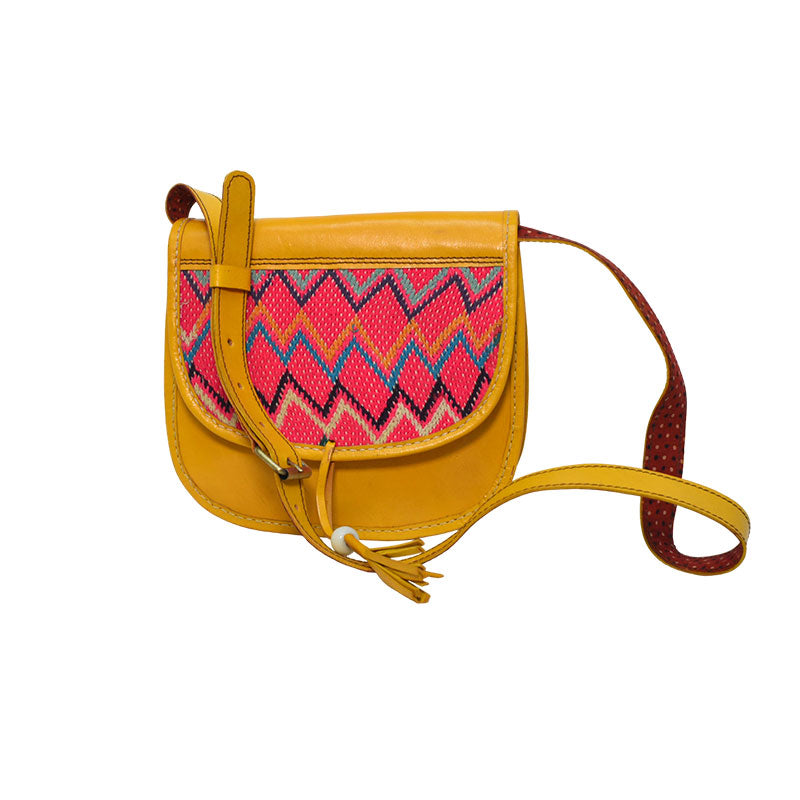 Handmade Over-shoulder Yellow Leather bag with Mushru Silk Lining