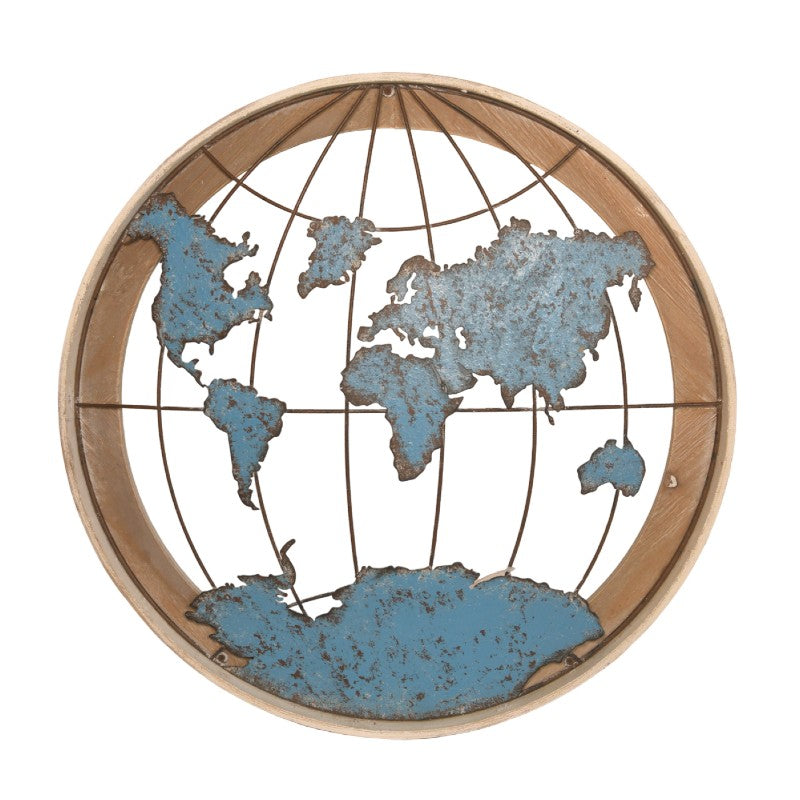 Blue Round Metal World Map Wall Art