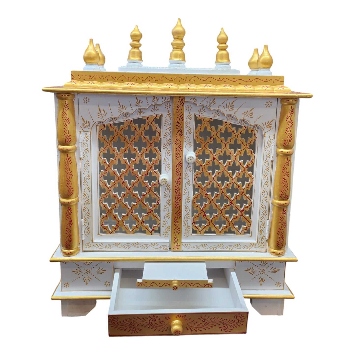 Handmade Mango Wood Temple With Door (CMMW26)White and Gold