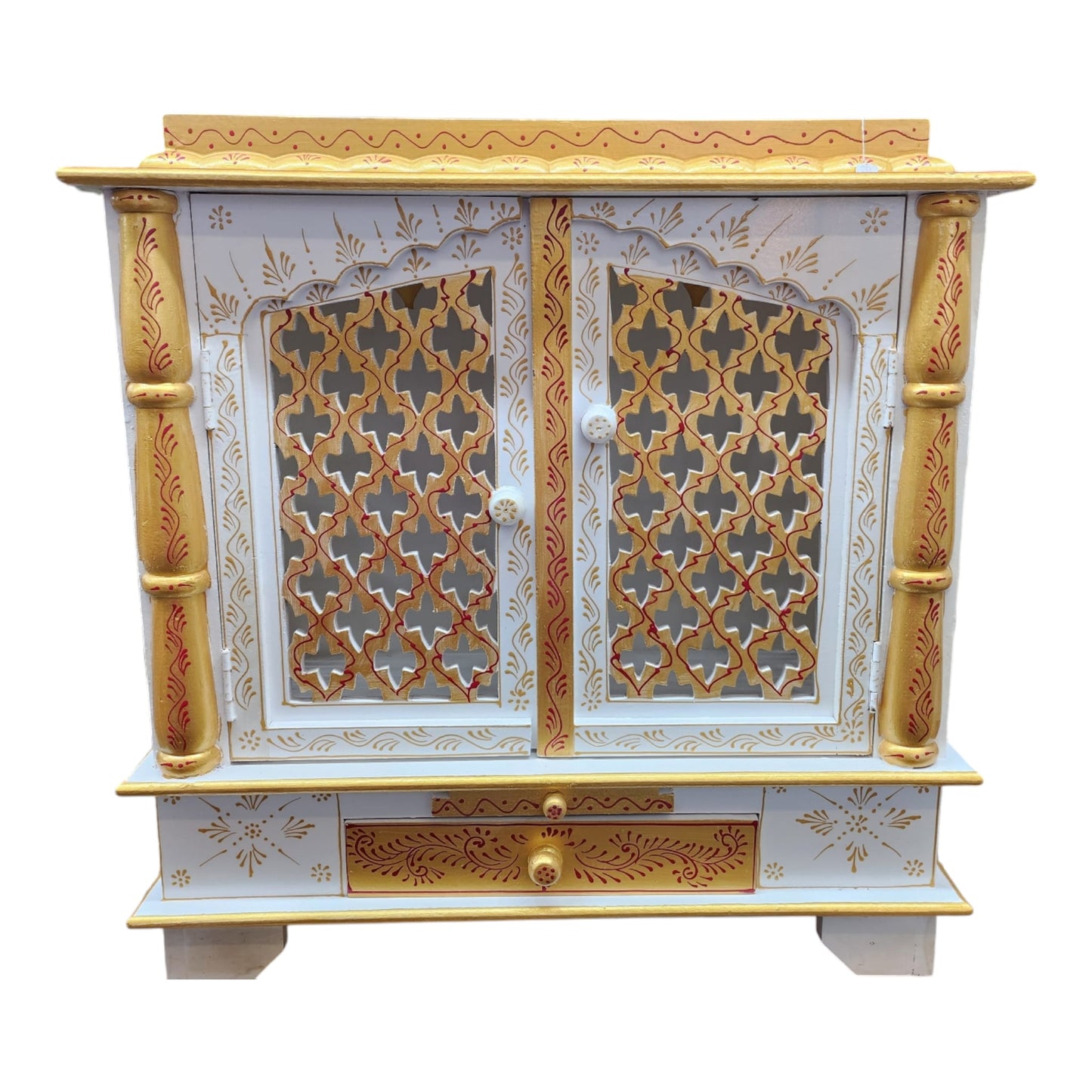 Handmade Mango Wood Temple With Door (CMMW26)White and Gold