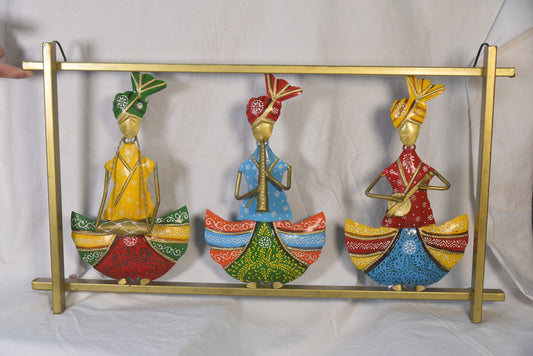 Handmade set of 3 dancing musicians encased in gold metal frame