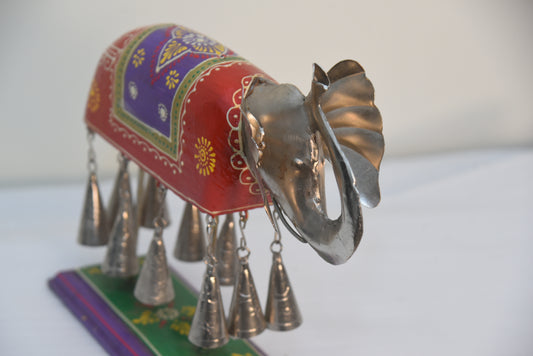 Colourful wooden iron metal handcrafted elephant with bells painted home table decor