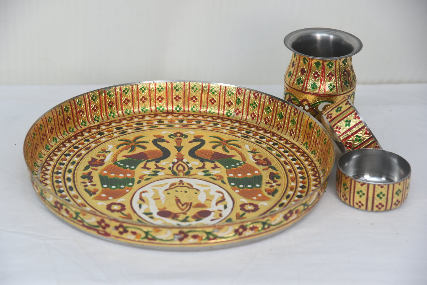 Meenakari Plate with Matching Karas and 2 Bowls