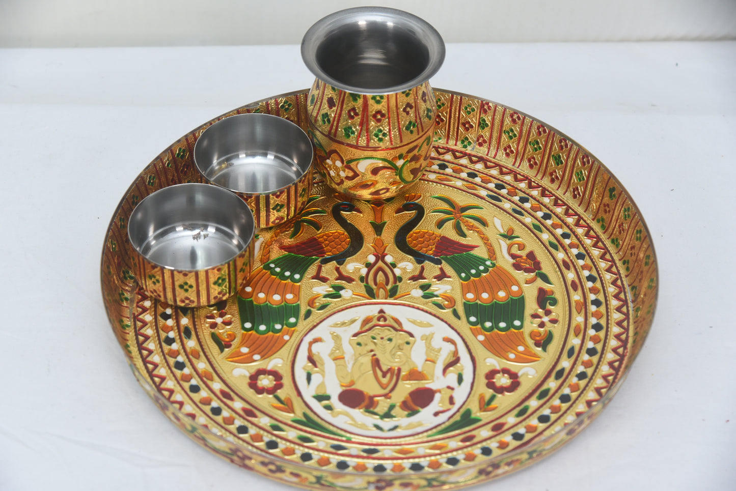 Meenakari Plate with Matching Karas and 2 Bowls