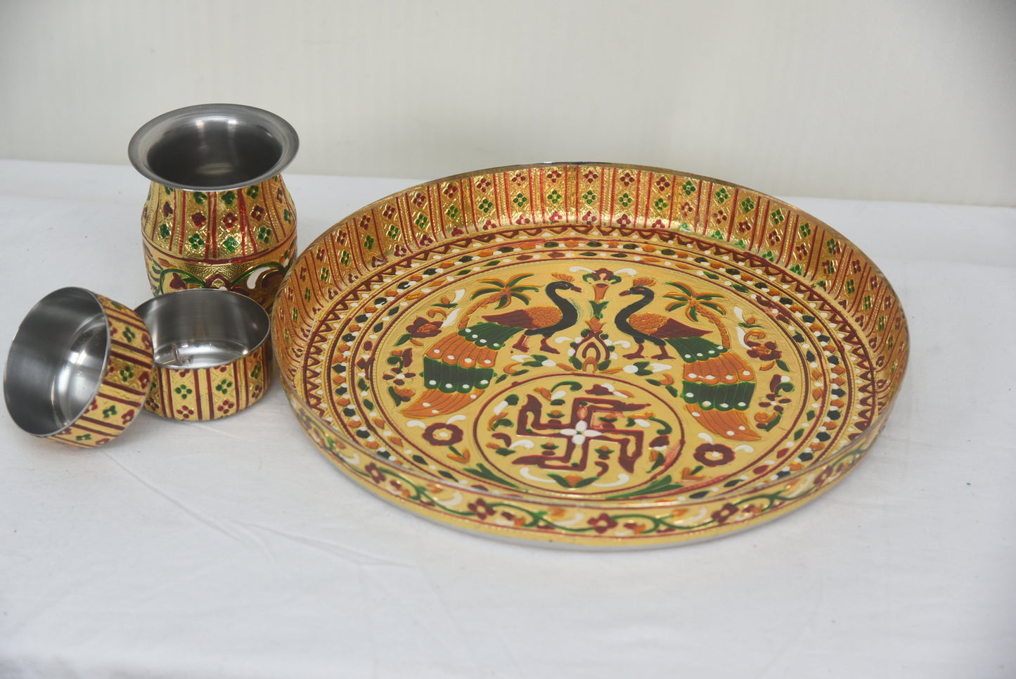 Meenakari Plate with Matching Karas and 2 Bowls