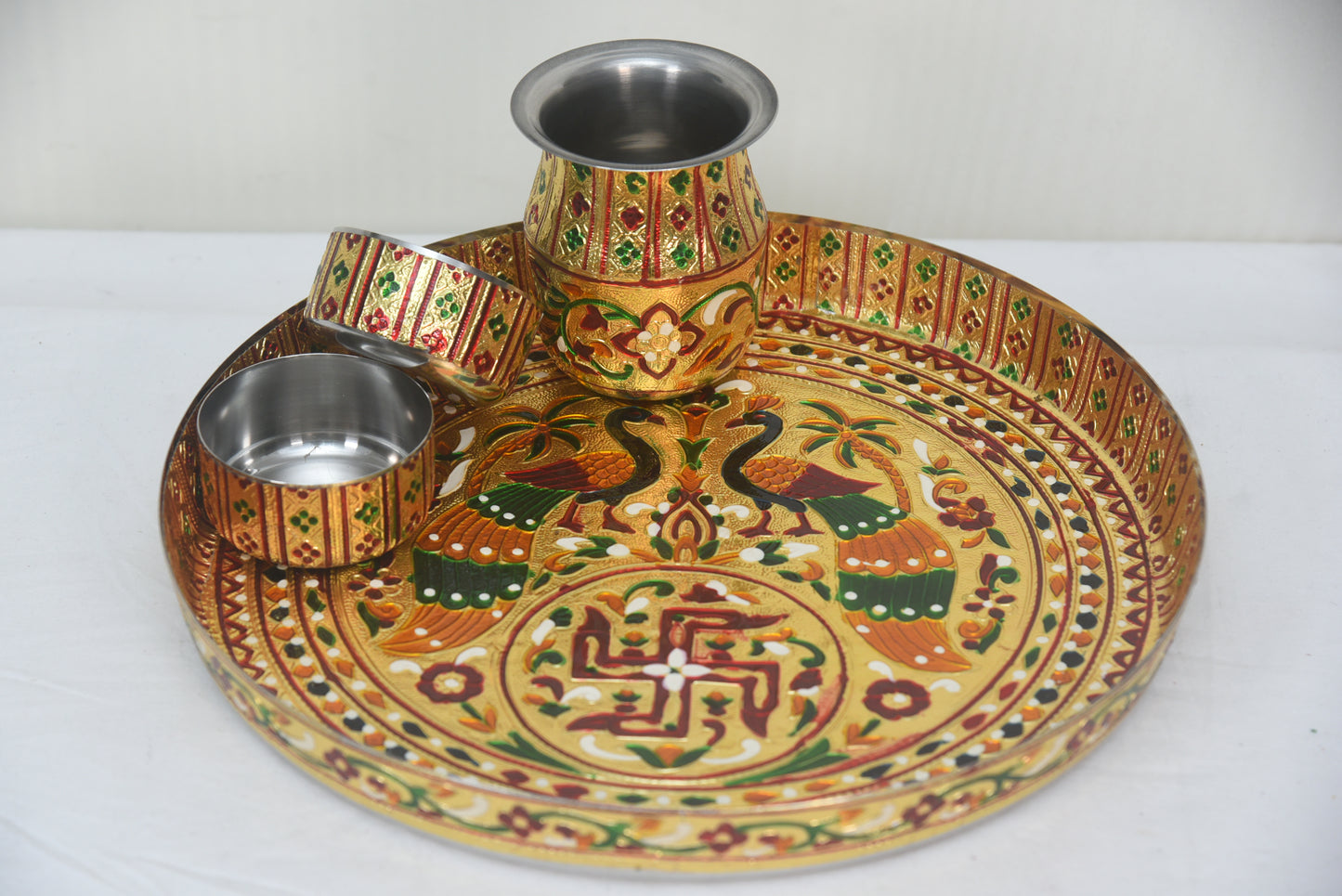 Meenakari Plate with Matching Karas and 2 Bowls