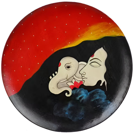 Hand Painted Wooden Wall Plate of Baby Lord Ganesha with his Mother