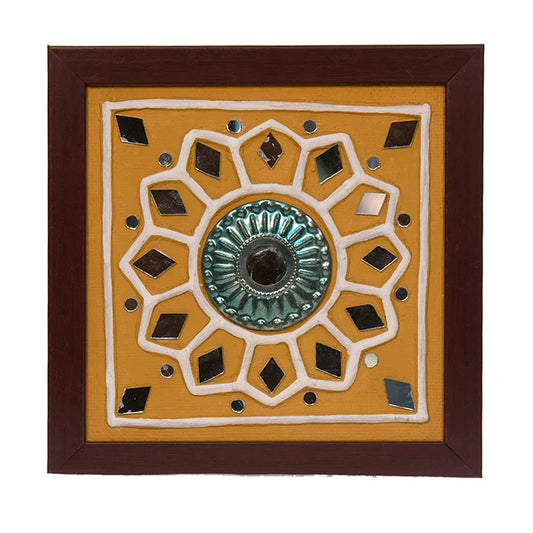 Handmade Lippan Art Wall Frame with Mud Design GREEN CIRCLE THEN FLOWER DESIGN