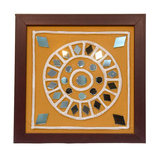 Handmade Lippan Art Wall Frame with Mud Design With Glass Chips CIRCLE WITH 4 DIAAMONDS