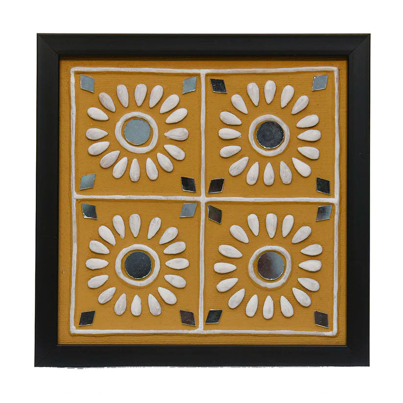 Handmade Lippan Art Wall Frame with Mud Design With Glass Chips FOUR FLOWERS