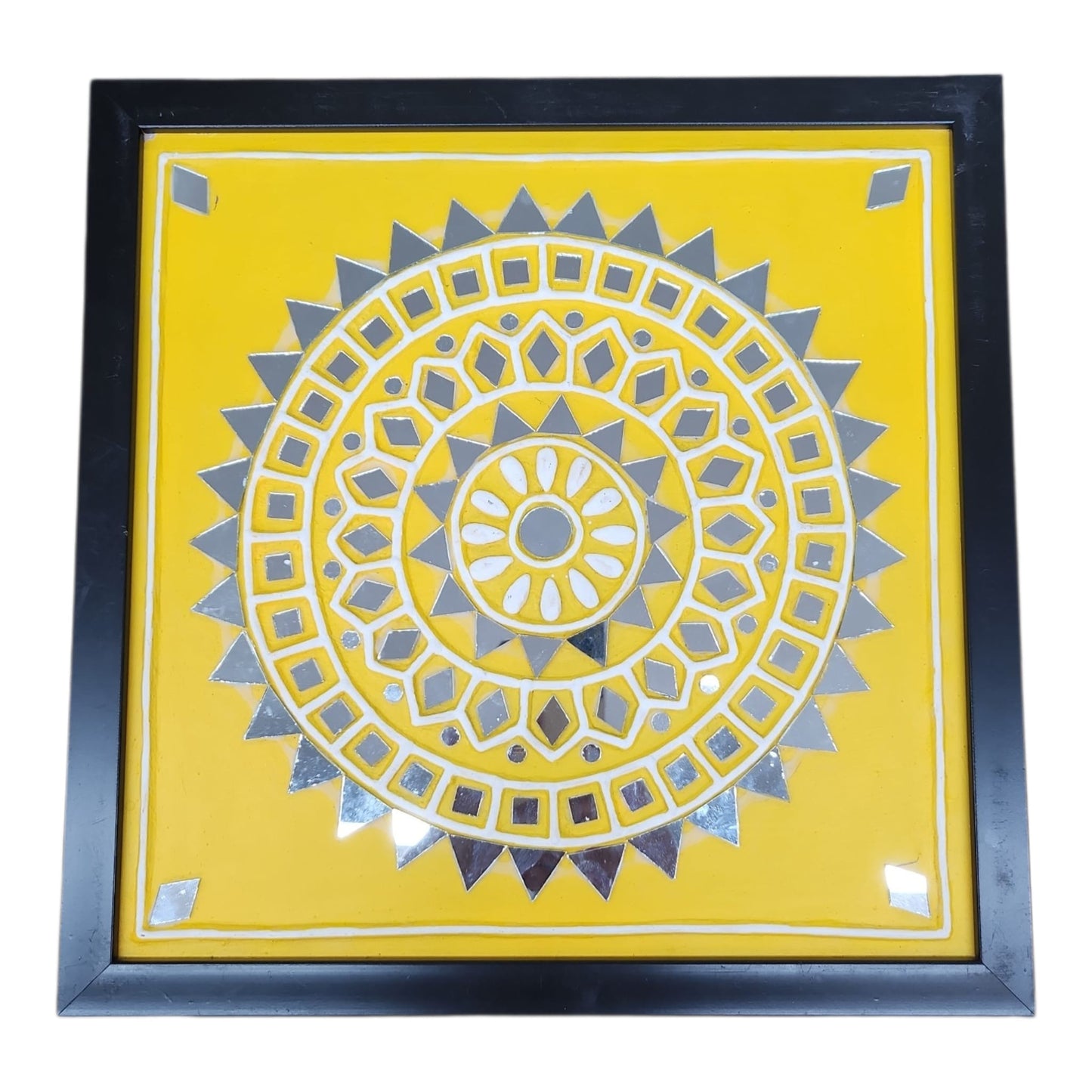 Lippan Art Wall Frame with Mud Design With Glass Chips YELLOW CIRCLE