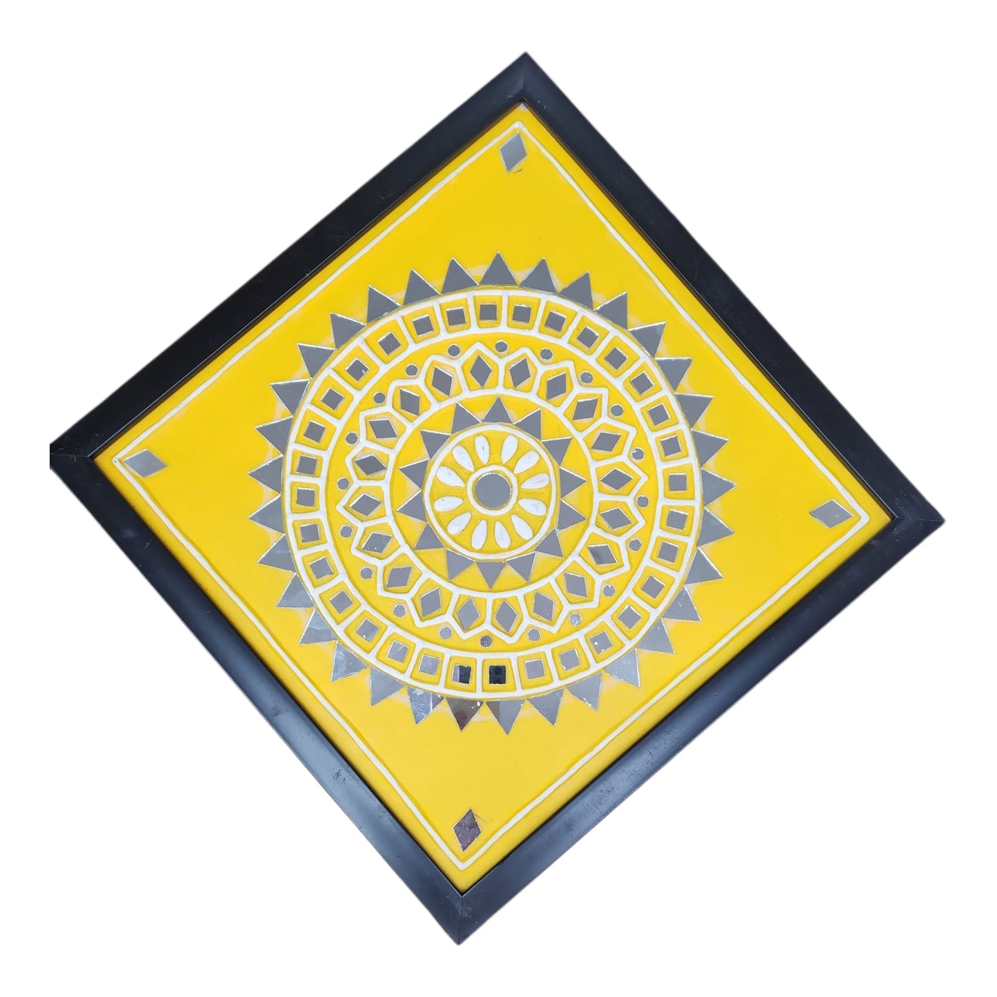 Lippan Art Wall Frame with Mud Design With Glass Chips YELLOW CIRCLE