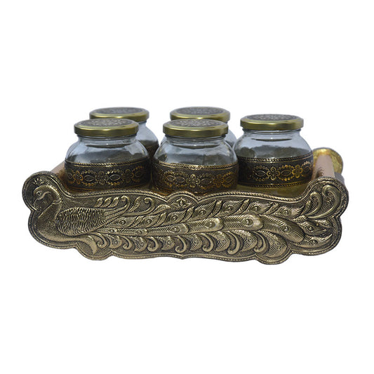 Handmade Hand-carved Gold Tray with 5 Glass Bottles