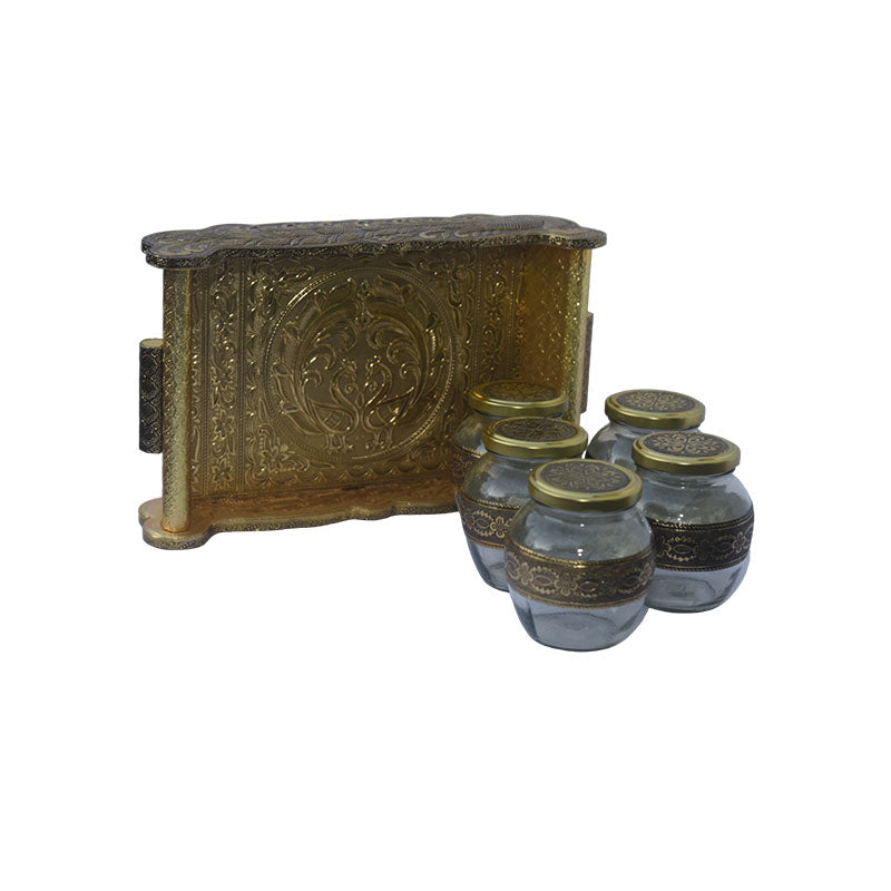Handmade Hand-carved Gold Tray with 5 Glass Bottles
