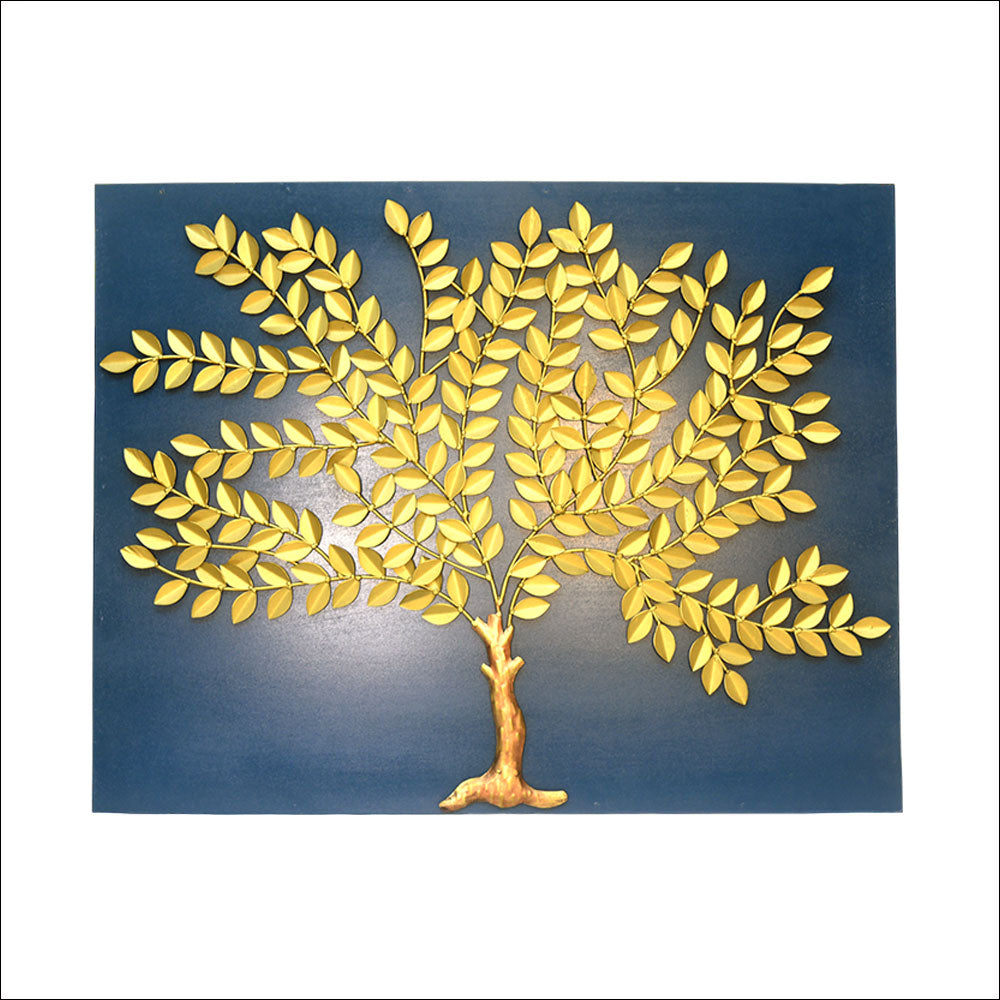 Handcarved Gold Tree Framed Wall Art on Blue Frame.