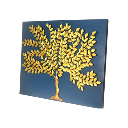 Handcarved Gold Tree Framed Wall Art on Blue Frame.