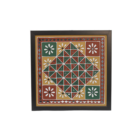 Handmade Lippan Art Wall Frame with Mud Design With Glass Chips DIAMOND RED AND GREEN