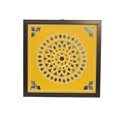 Handmade Lippan Art Wall Frame with Mud Design With Glass Chips YELLOW CIRCLE